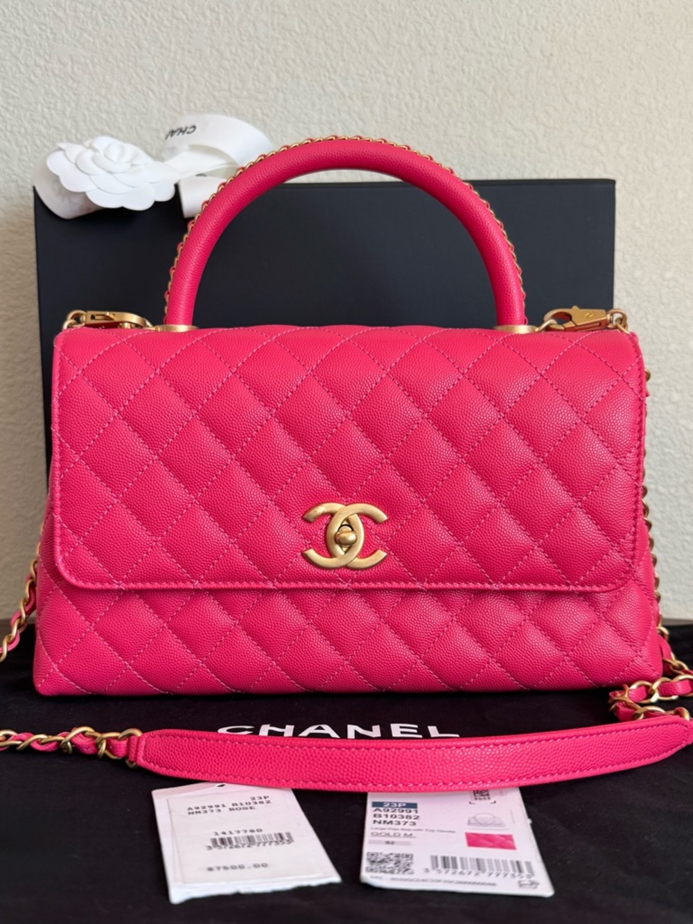 CHANEL Large Flap Top Handle Caviar Leather Bag in Rose Pink